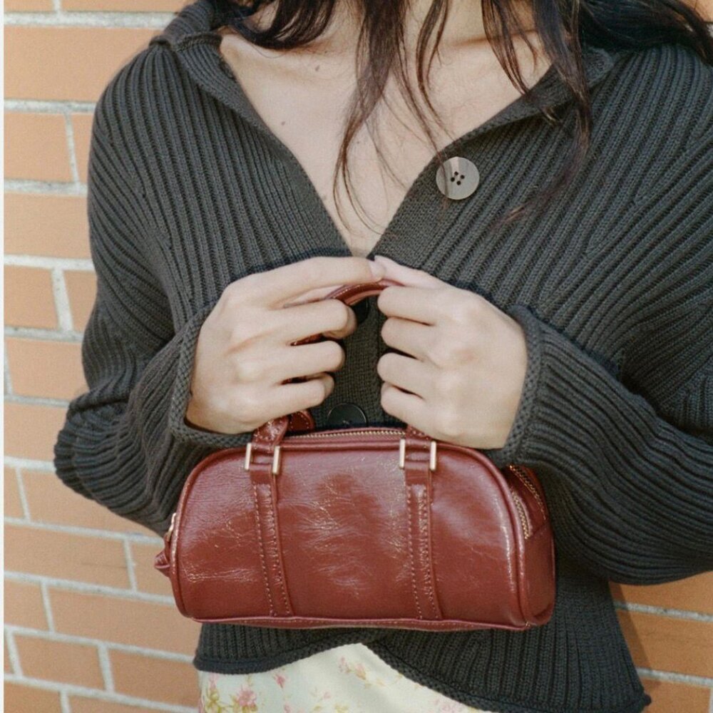 Zara Mini Leather Barrel Bag • Red Brown • Double Zip • Crossbody